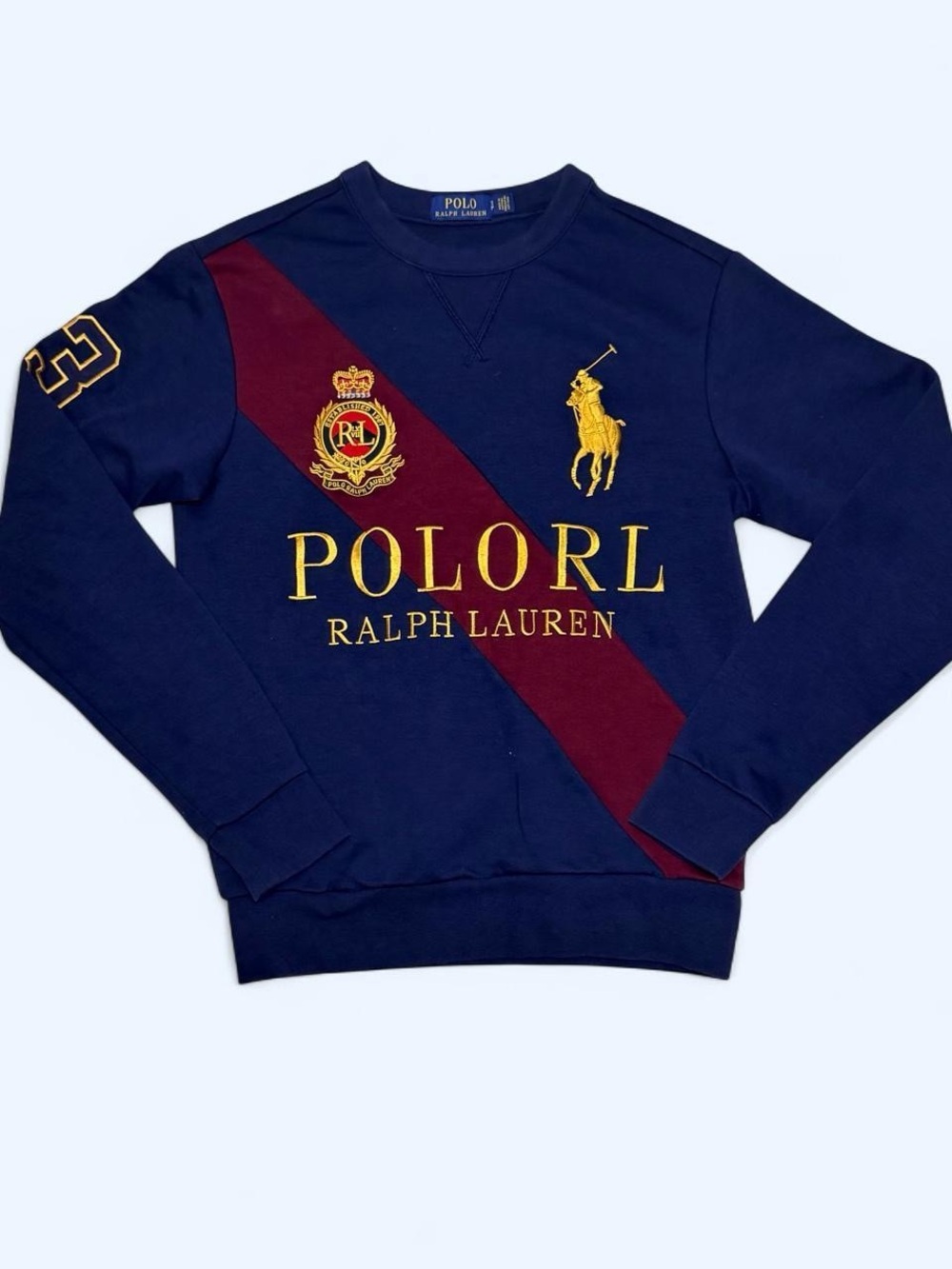 Ralph Lauren Navy Crewneck with Burgundy Diagonal Stripe & Gold Embroidery